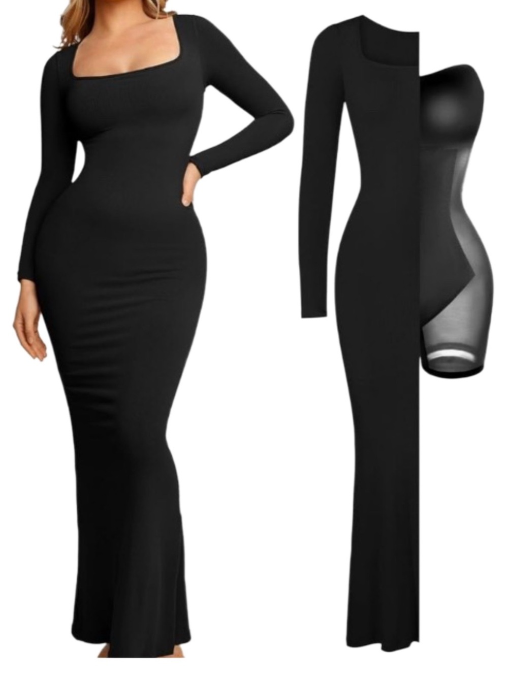 Popilush Black Ribbed Maxi Dress Shapewear  Fitted Bodycon Long Sleeve Size XS